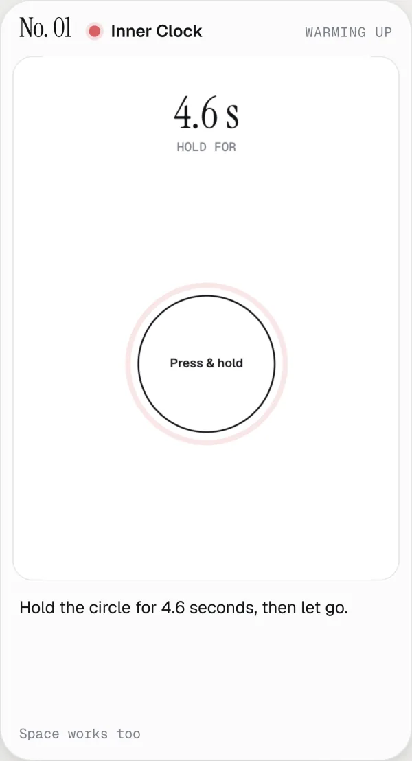 Perceptle on a phone held upright: the Inner Clock board fills the card, with the target time 4.6 s above a large circle that reads Press and hold